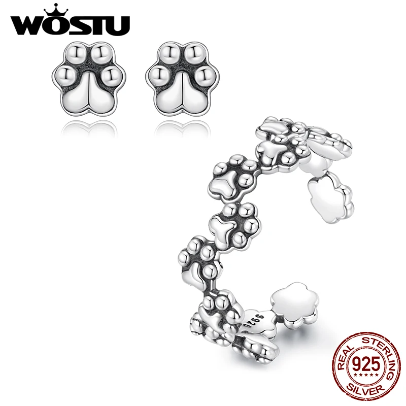 

WOSTU 925 Sterling Silver Vintage Animal Paw Open Ring For Women , Claw Stud Earrings Girl Birthday Jewelry Dog Cat Lover Gift