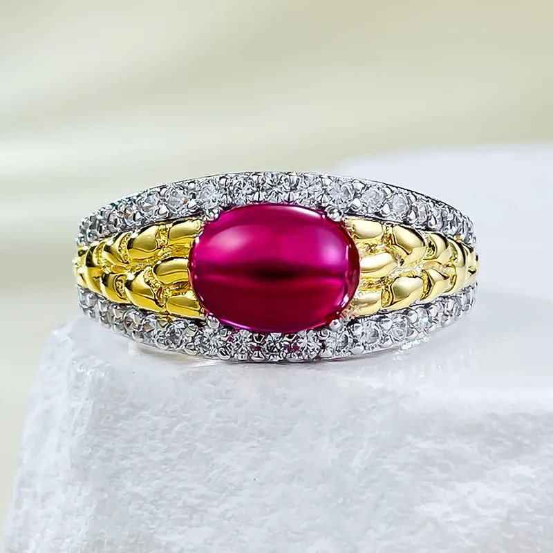 S925 silver gold-plated round chubby 6 * 8mm pigeon blood red egg face old money style ring, a popular female accessory