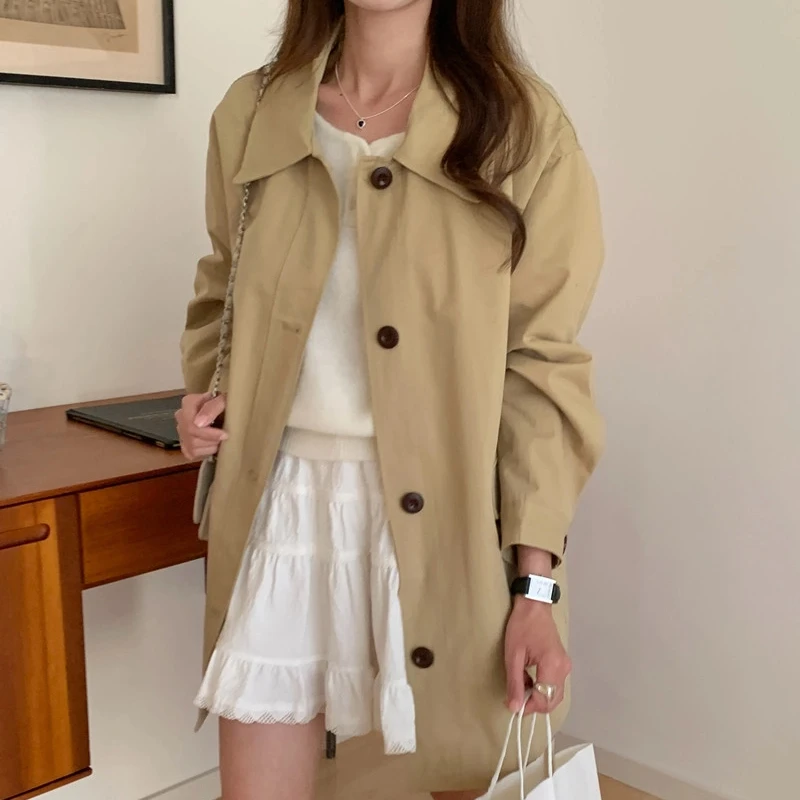 

Women's Autumn and Winter Casual Fashion Temperament Lapel Single-breasted Trench Coat Mid-length Loose Coat