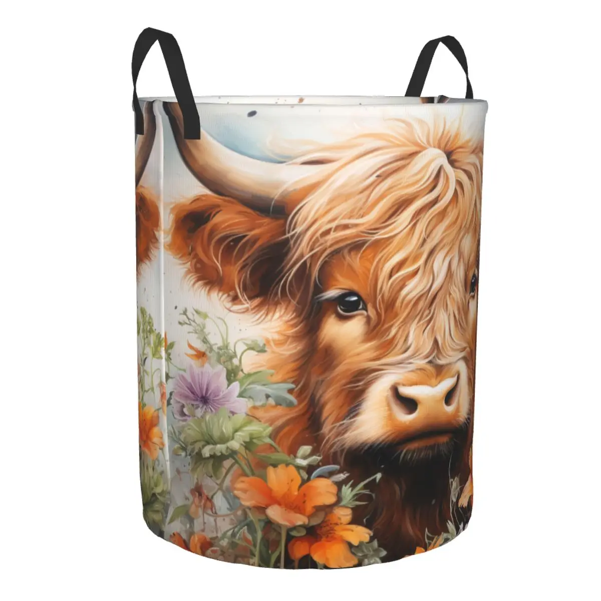 Custom Highland Cow And Flower Laundry Hamper Large Clothes Storage Basket Toys Bin Organizer for Boy Girl