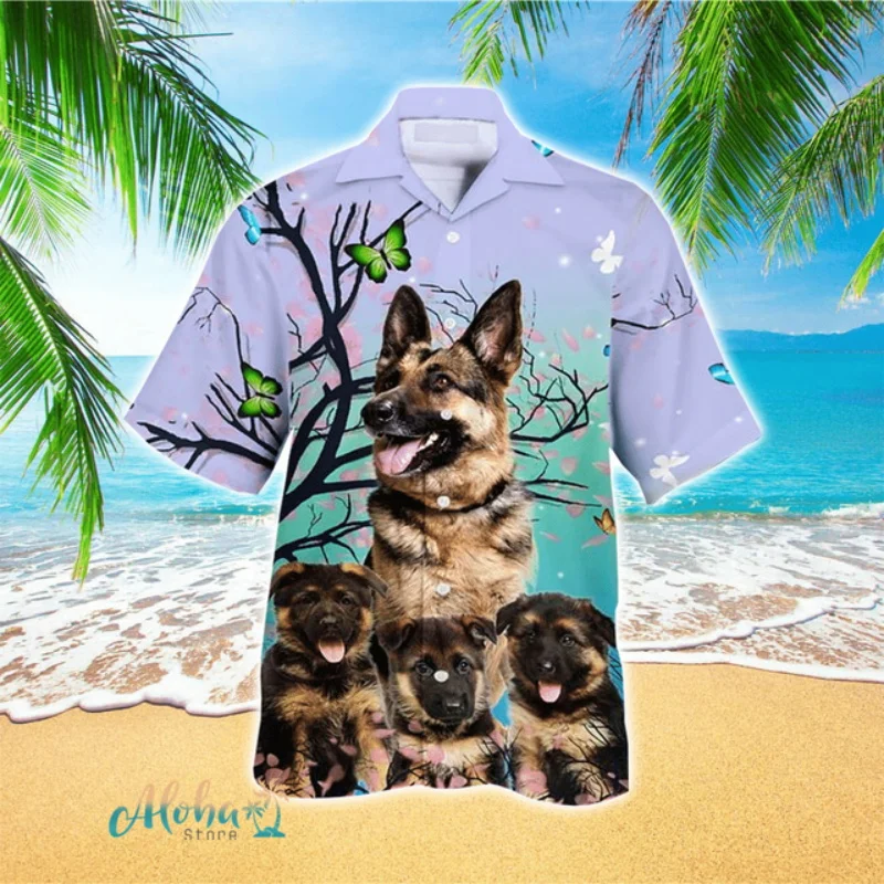 Full Print Mens Hawaiian Shirts Clothes New In Short Sleeve Funny German Shepherd Pattern Beach Shirts Tops Mens Holiday Shirts