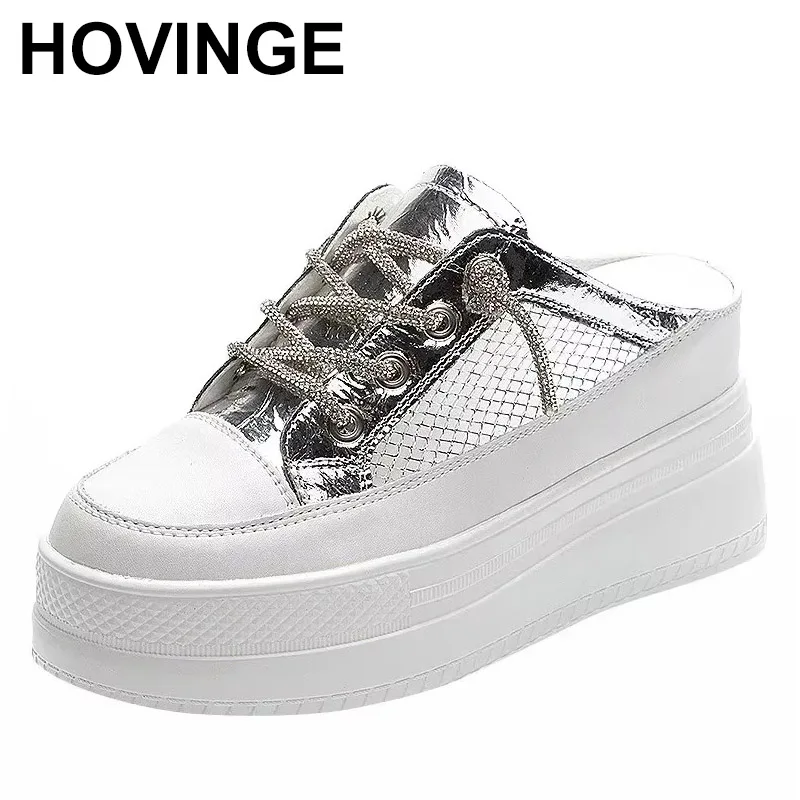 

2025 8cm Air Mesh Genuine Leather Casual Comfy Shoes Chunky Slippers High Brand Breathable Summer Platform Wedge Shoes