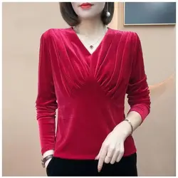 Women's Autumn Winter New V-neck Gold Velvet Pullover Fashion Sexy Solid Base Sweater Slim Generous Versatile Long Sleeved Tops