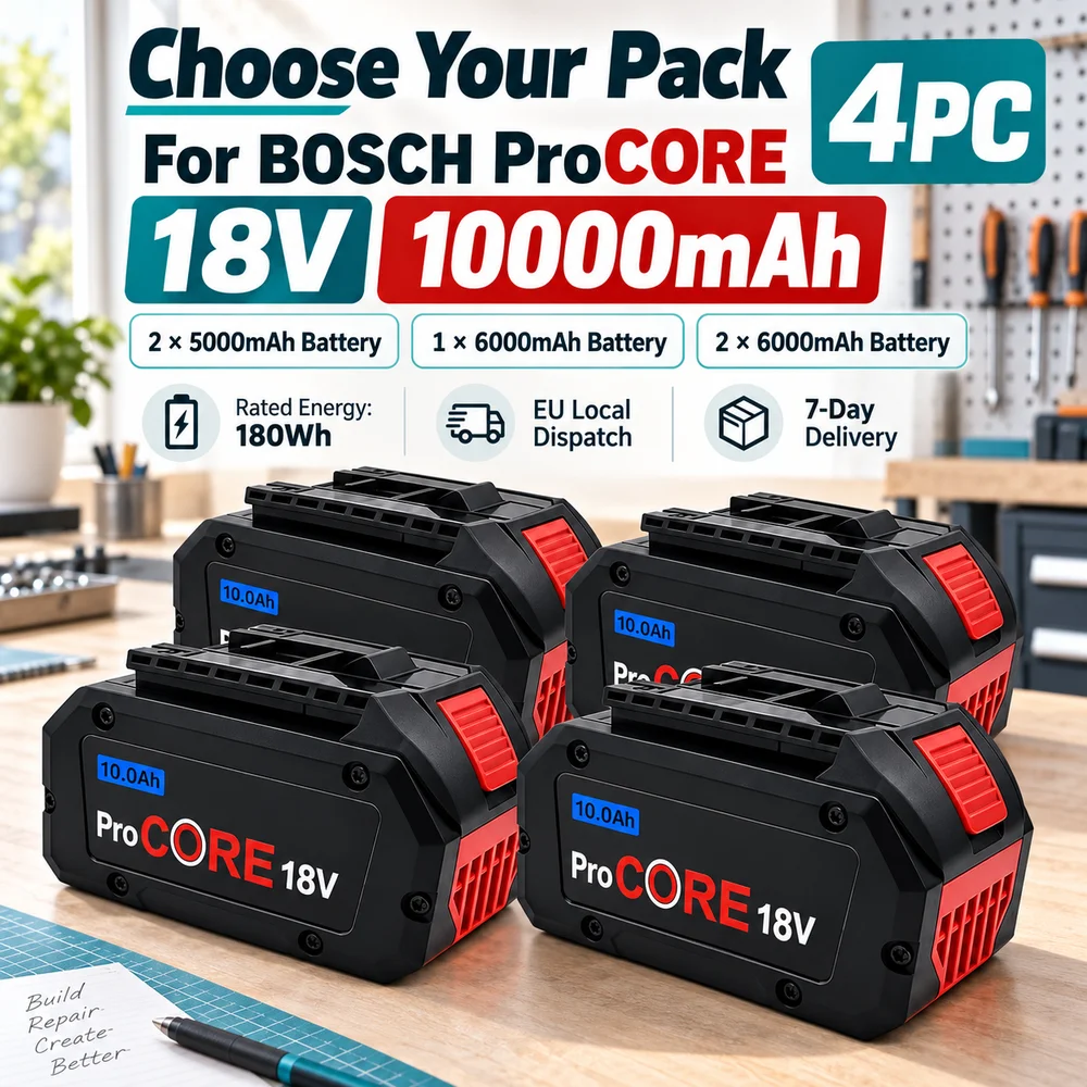 Batteria di ricambio per elettroutensili BOSCH ProCORE 18V, disponibile nelle varianti da 5000mAh (5Ah), 6000mAh (6Ah) e 10000mAh (10.0Ah), con opzioni di confezione multipla 21700 e caricabatterie.