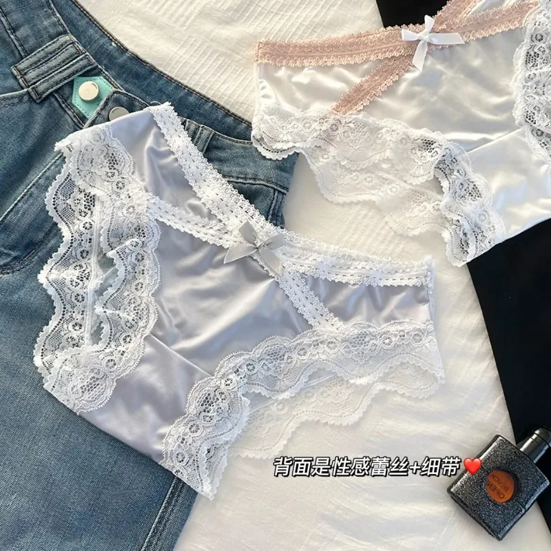 

French Sexy Lace Satin Underwear for Women Low Waist Thin Mesh Hollow Out Bow Panties Sweet Girl Breathable Cotton Crotch Briefs