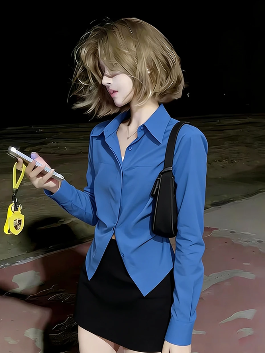 

Klein Blue Women's Long Sleeve Shirt Waist Cinched Slim Fit Base Layer Shirt Spring Autumn Layering Inner Wear Collar