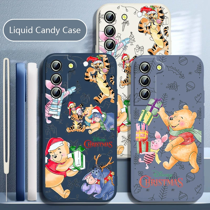 Christmas Winnie Pooh For Samsung Galaxy S23 S22 S21 S20 S10 S9 Ultra Plus Pro FE Liquid Rope Silicone Soft Phone Case Fundas