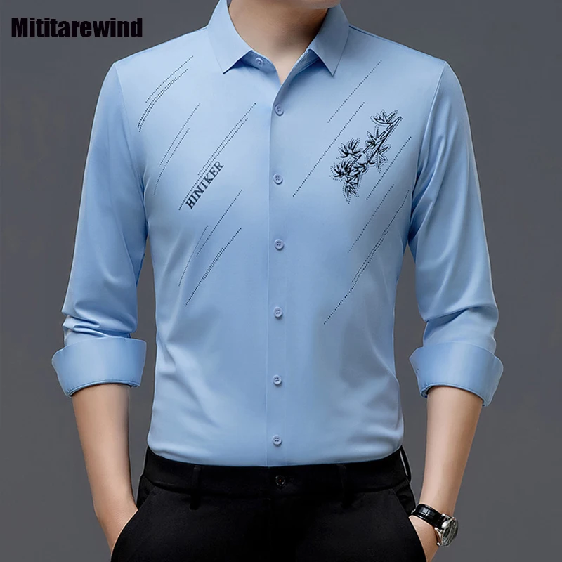 

Spring and Summer New Mens Long Sleeve Shirt Business Causal Shirts Lapel Stretch Seamless Printed Shirt Fashion Chemise Homme