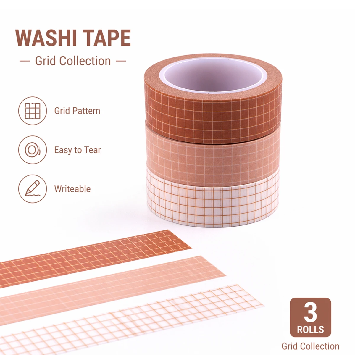 3Pcs Grid Washi Tape Set Masking Tape for Journal Planner Decoration Gift Wrapping Photo Wall DIY Crafts Art Supplies
