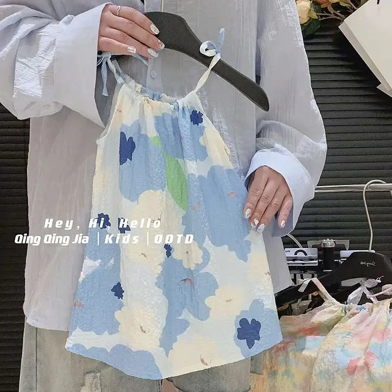 

Girl Princess Dress, Baby Suspender Oil Painting Style Print, Western-style Beach Dress Clear Vacation, Sleeveless Summer