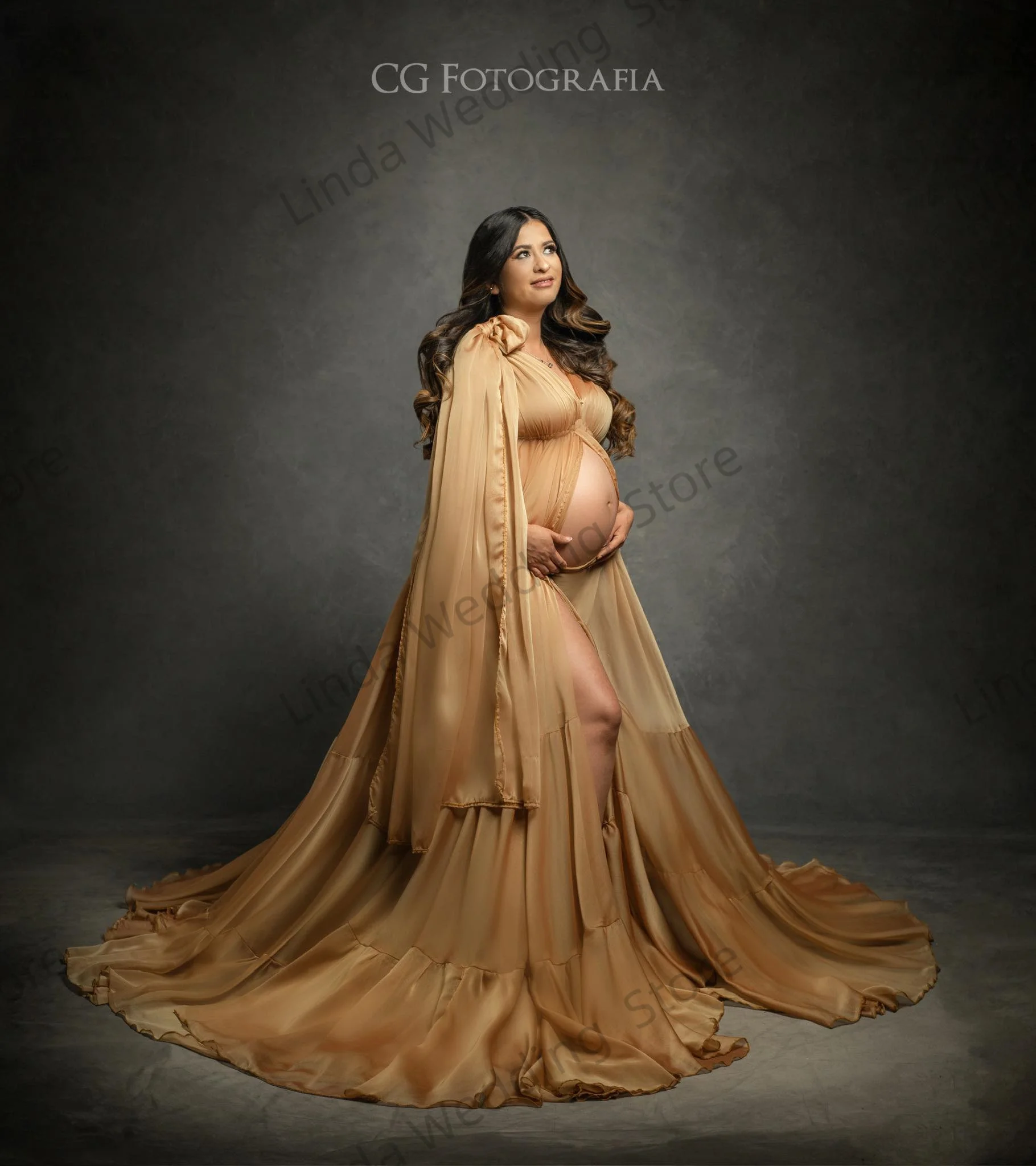 Vestido de maternidade dourado sexy, transparente, fenda frontal, personalizado, sem mangas, vestido de fotografia para mulheres grávidas, vestido de chá de bebê