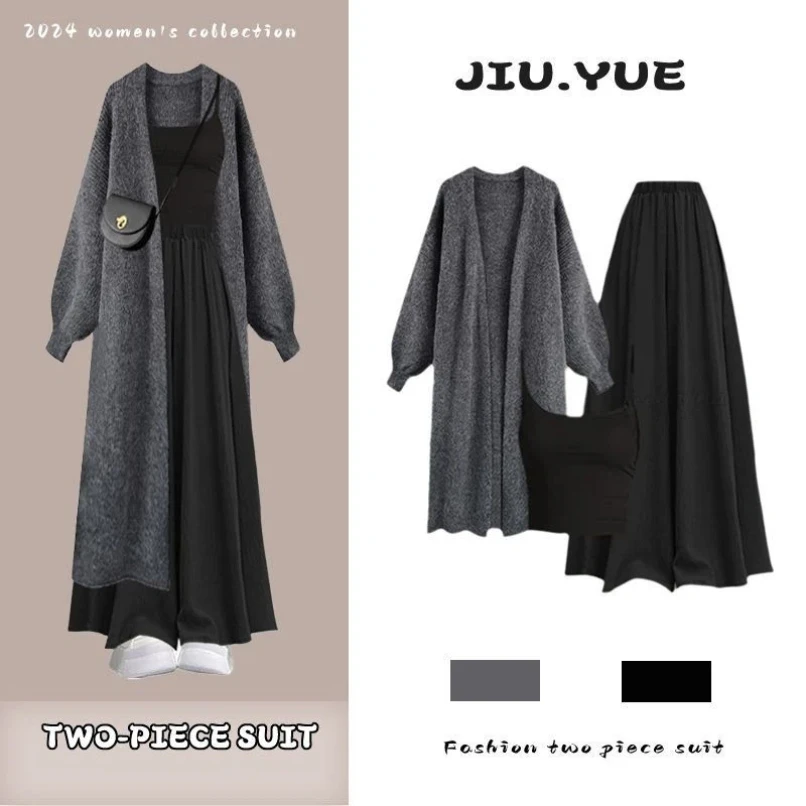 Jesienno-zimowy nowy koreański długi płaszcz dzianinowy, czarny top na ramiączkach + spodnie casualowe, elegancki damski zestaw 3-częściowy