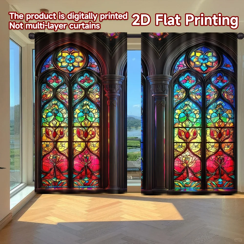 

2D flat printing 2pcs Scene Curtain Colorful Stained Glass Digital Printed Polyester Drapes Party Decorations for Bedroom Living
