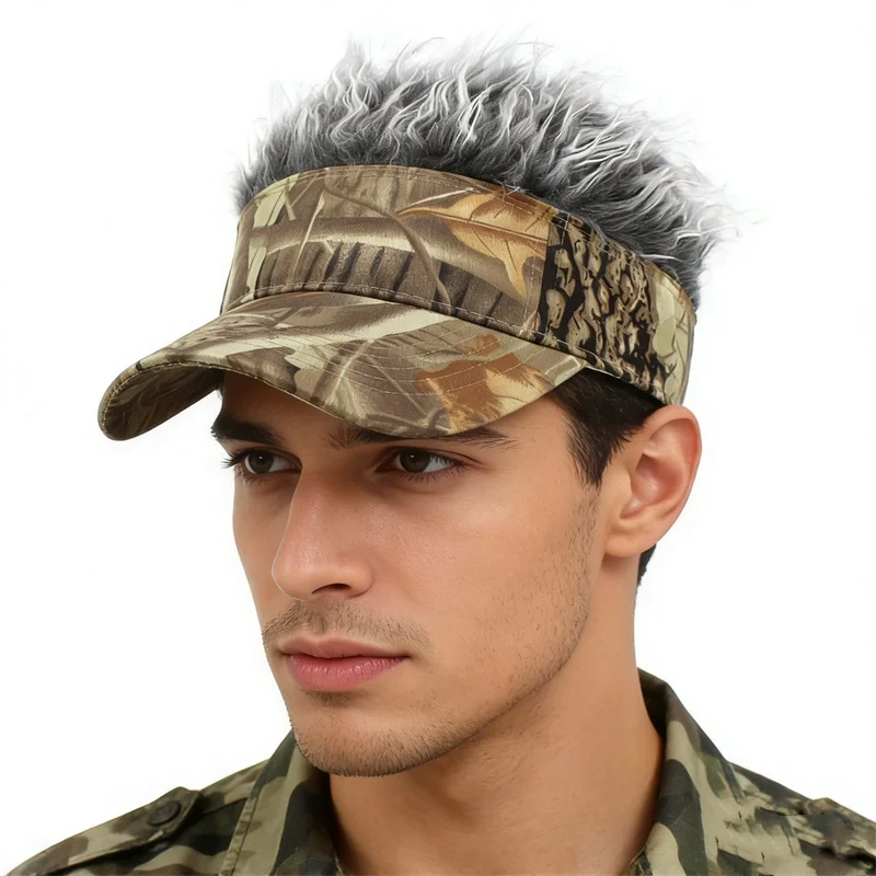 Blattbedruckte Perückenmütze mit Spikes für Herren – Golf-Baseballkappe, Outdoor-Sonnenschutz, synthetische Kurzhaarperücke, UV-Schutz-Visier – Detail 4
