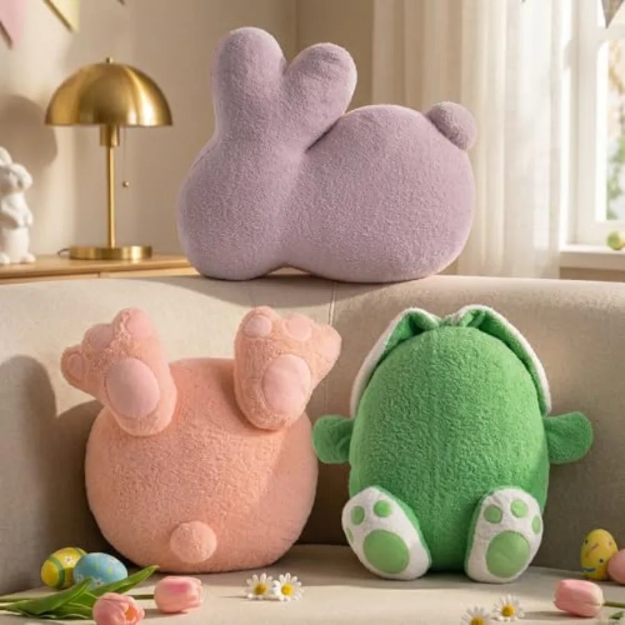 

Набор из 3 декоративных подушек в форме пасхальных яиц: розовое яйцо с ножками, фиолетовый кролик, зеленое яйцо с руками и ногами, мягкие бархатные подушки-кролики.