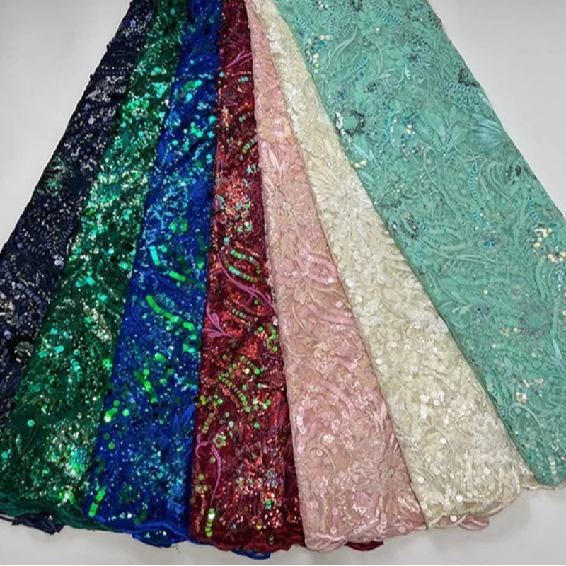 نسيج شبكي فرنسي عالي الجودة، فستان قماش مطرز بالترتر على شكل ذيل فينيكس أفريقي عصري ورائع