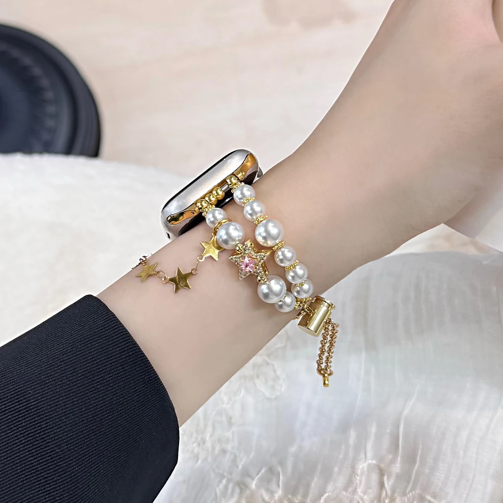 Luxury Lucky Star เพิร์ลโลหะสําหรับ Apple Watch Band 49 41 44 45 40 42 มม.ผู้หญิงเครื่องประดับนาฬิกาข้อมือสร้อยข้อมือสําหรับ iWatch 9 8 7 SE 6