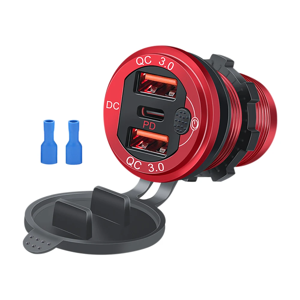 12V/24V Triple Aluminum Metal 60W USB-C Multiple Car Charger Socket PD3.0 & Two QC3.0 Ports with Touch Switch Fast Car Adapter