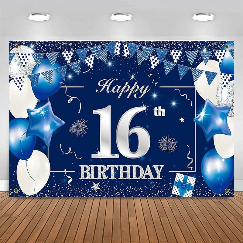 

Happy 16th Birthday Banner Backdrop Sign Background 16 Birthday Party Decorations for Boys Girls Blue Silver Photography