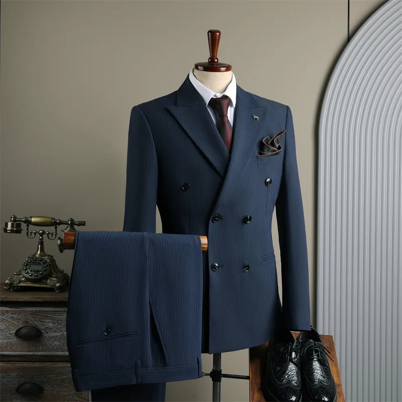 

Man Suit Outfit British Style Double-breasted Long Sleeve Blazer Male Straight-leg Pant Men Slim Breathable Wedding 2-piece Set
