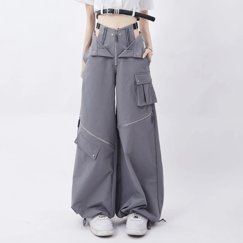 Multi Pocket Cool Girl Hollow Out Y2K Grey Cargo Pants Women American Style Zipper Two Wears Design Women\'s Versatile Trousers