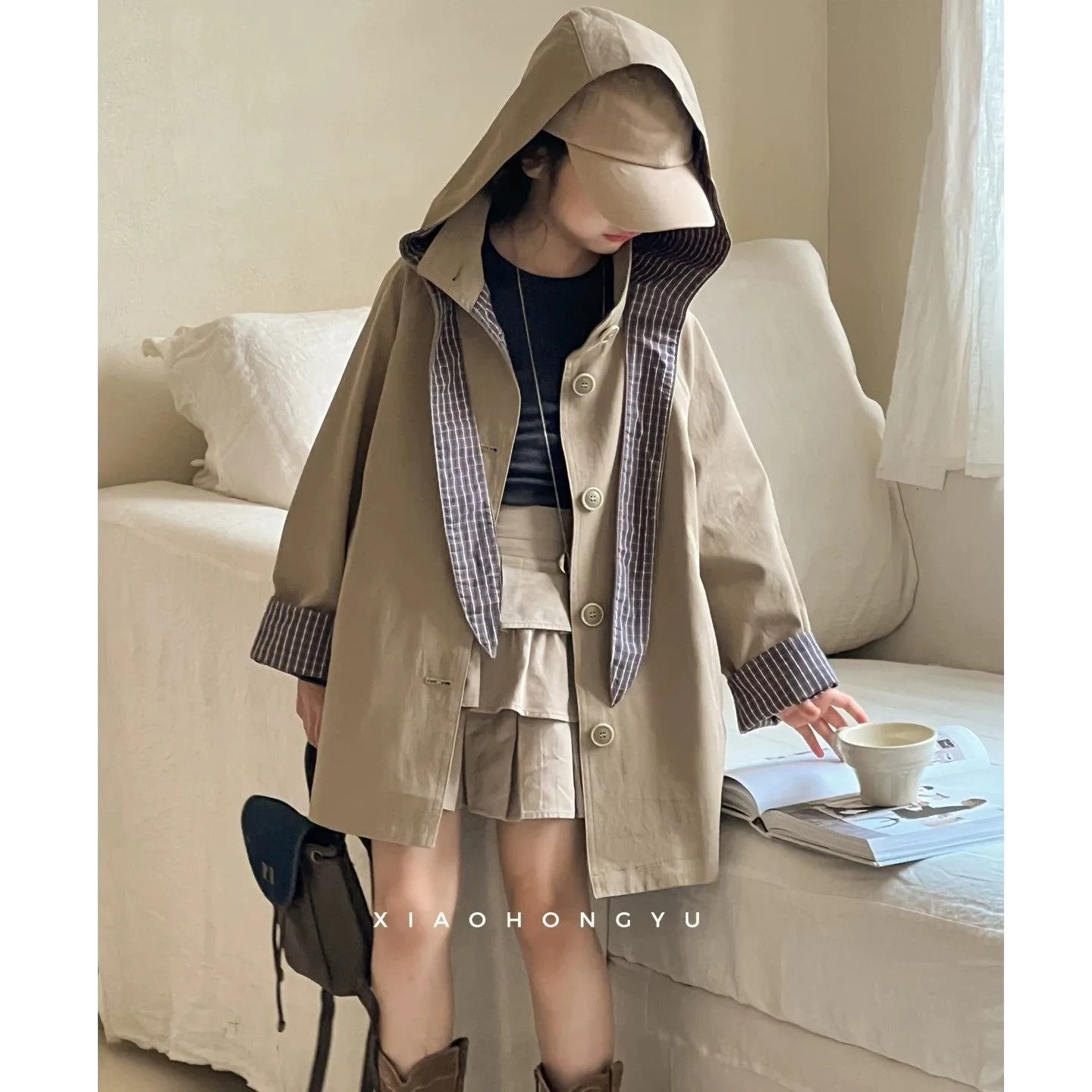 Girls Trench Coat Spring Autumn New Children Khaki Hooded Windbreaker Fashion Plaid Lined Coat Girls Outerwear
