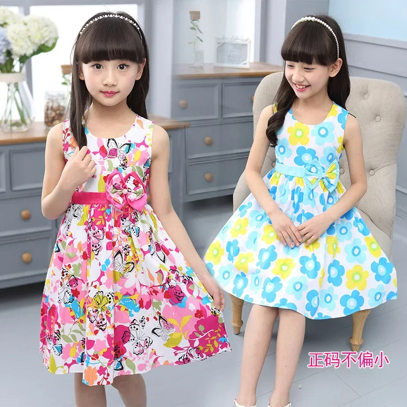 Girls Vest Dress Cotton Flower Print Children Wear  Korean Cute 95% Cotton Princess Party Dresses 4 5 6 7 8 9 10 11 12 14 Year