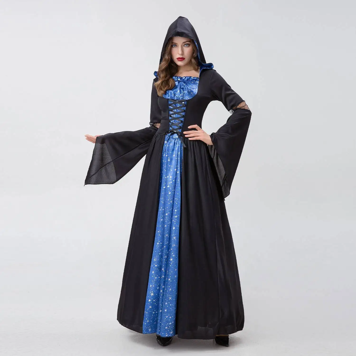 

loween Cosplay Witch Death God Role Plang Blue Bla Print Costume Women's Traditional Clothing Stage Performance Outfit
