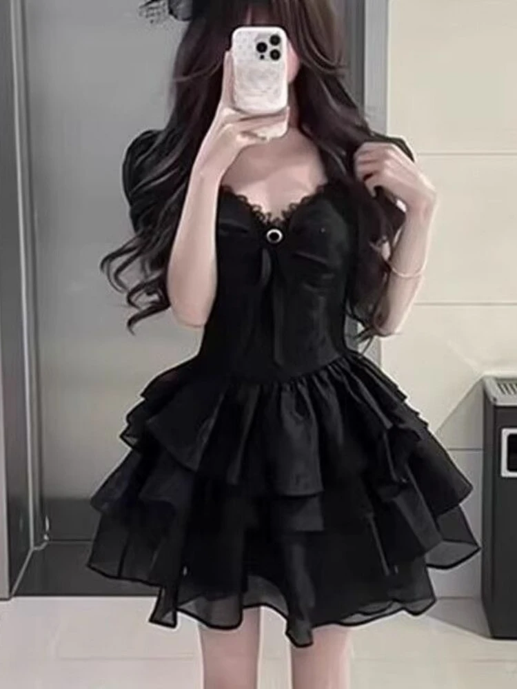 

Aesthetic Lace Patchwork Pleated Dresses Summer Vintage A-line Ruffled Vestidos Femme Harajuku Jk Cosplay Bow Grunge Dress