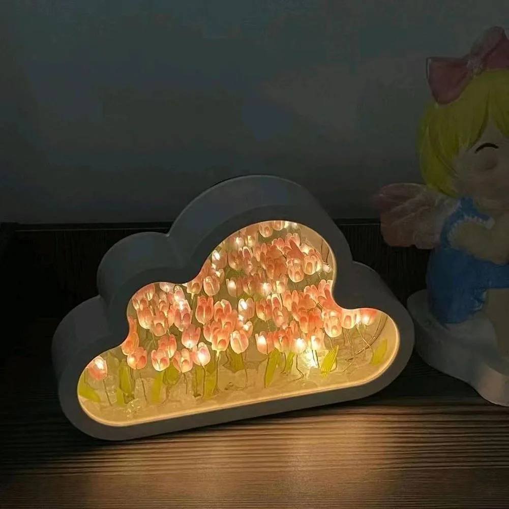 DIY Cloud Tulip LED Night Light Mirror Table Lamps Bedroom Ornaments Decor Bedside Photo Frame Mirror Table Lamps Handmade Gifts