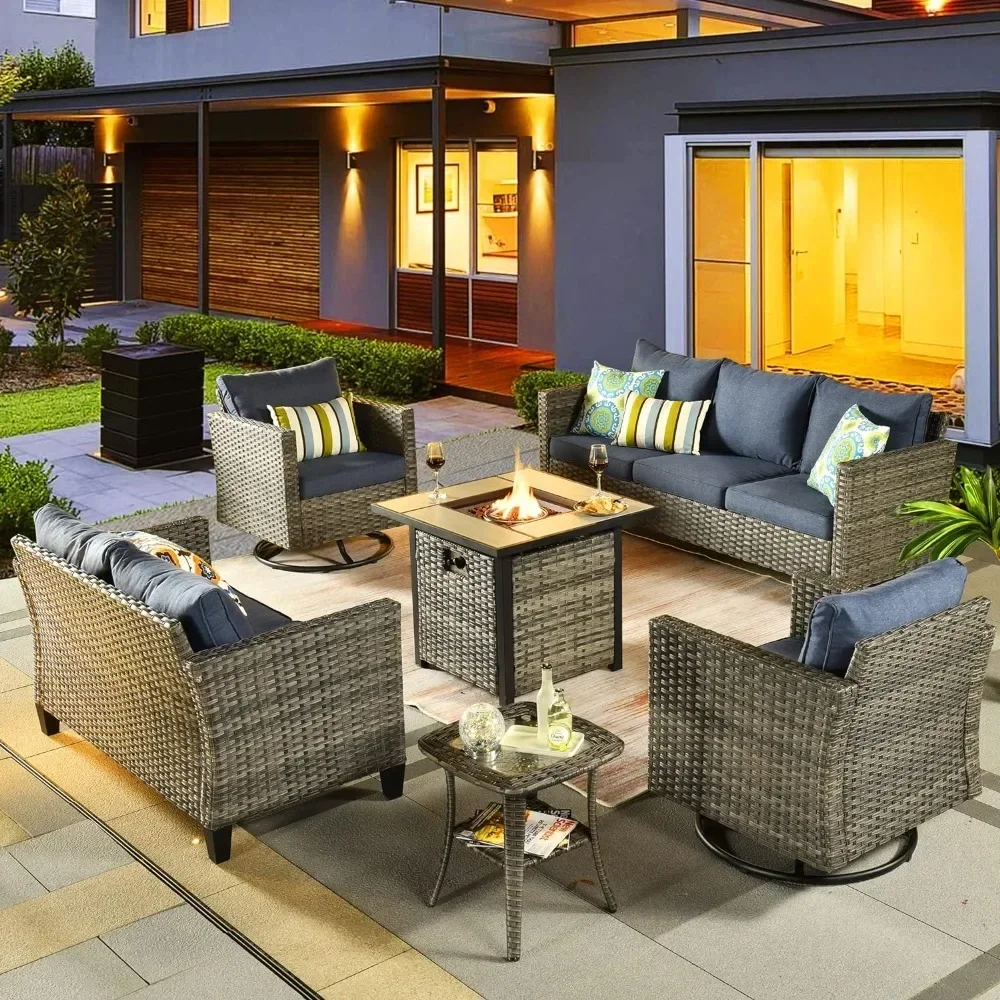 A set of 6 outdoor sectional sofas with rocking chairs, rotating chairs, square fire pit tables, and courtyard furniture