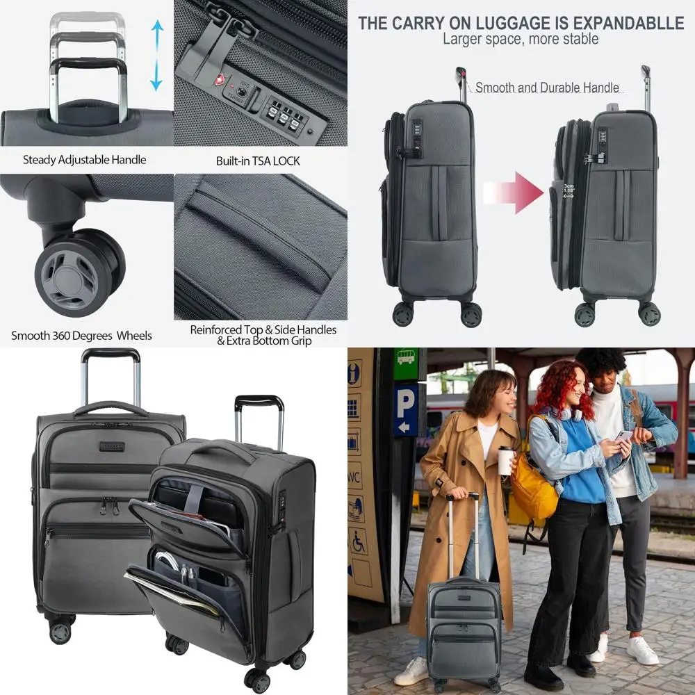 

Расширяемый 20-местный чемодан-спиннер с передними карманами, USB-портом и замком TSA, серый