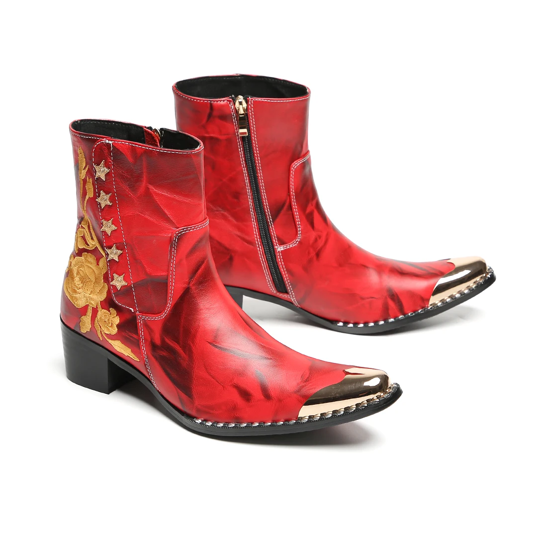 Herbst-Winter-Neue rote bestickte Stiefeletten für Herren, coole Metallkappe mit Nieten, Retro-Muster, seitlicher Reißverschluss, klobiger Absatz, modisch – Detail 6