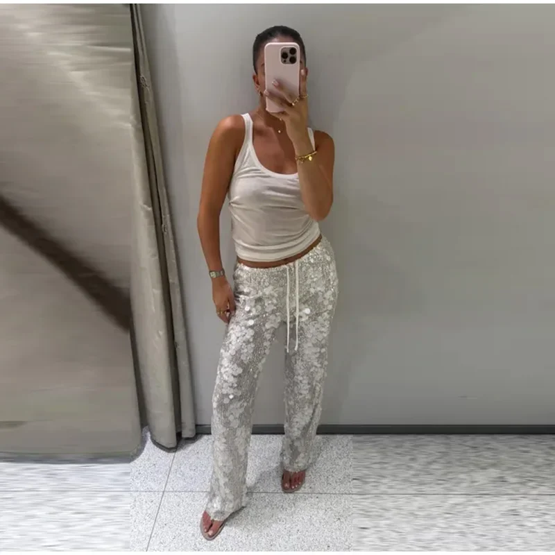 Pailletten-Zweiteiler für Damen, schulterfreies Tube-Top, mittelhohe Taille, gerade geschnittene Hose, sexy, modisches, passendes Outfit für Partys – Detail 10