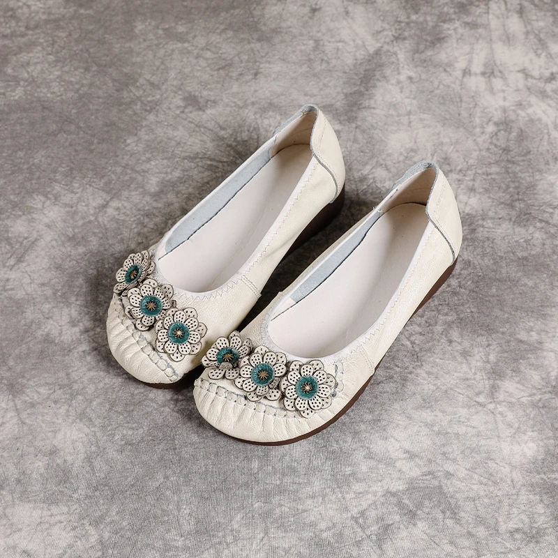 Boho Vintage Echtleder-Ballerinas für Damen, Blumenmuster Slip-On Fahr-Mokassins, Weiche Ethnische Retro-Schuhe, Flache Schuhe für Mütter – Detail 13
