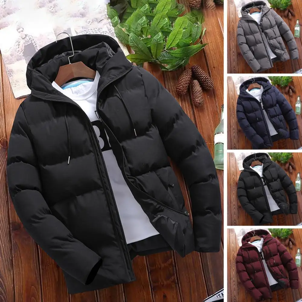 

Men Down Jacket Hooded Drawstring Long Sleeve Zipper Closure Jacket Solid Color Two Side Pockets Windproof Thickened Down Coat