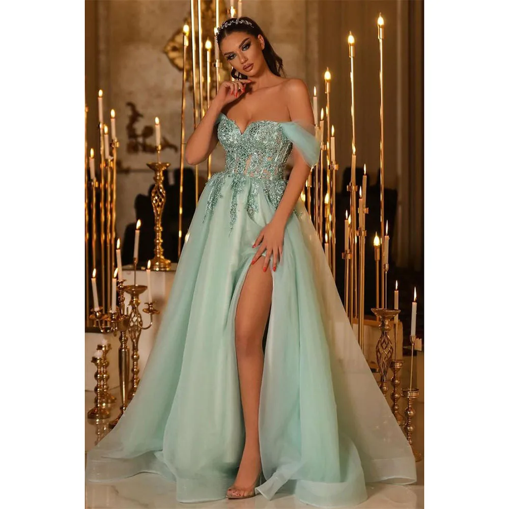 Luxury Pretty Green Evening Party Dresses Sweetheart Off the Shoulder Floor Length A-Line Sexy High Side Split Women Prom Gowns