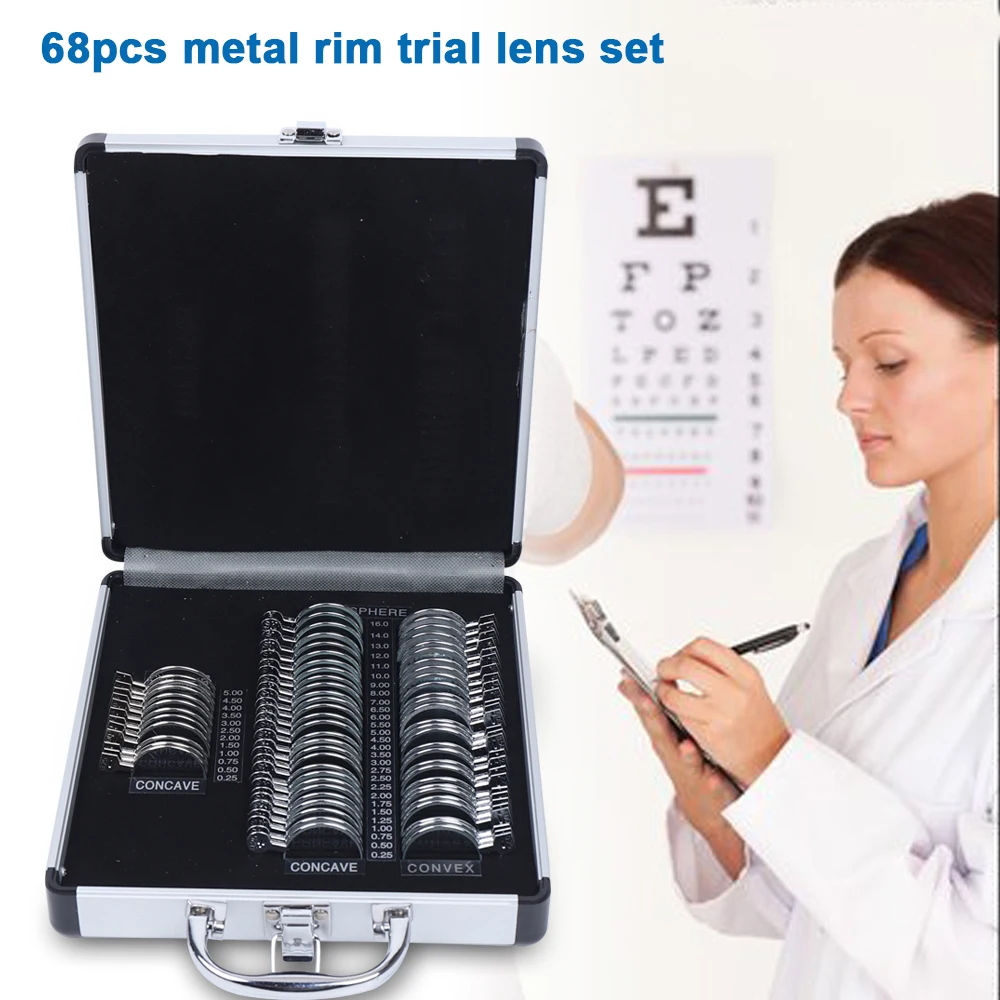 68PCS Optical Trial Lens Set Optometry Kit Ophthalmic Lenses Ophthalmology Kit Trial Frame Metal Rim Aluminum Case