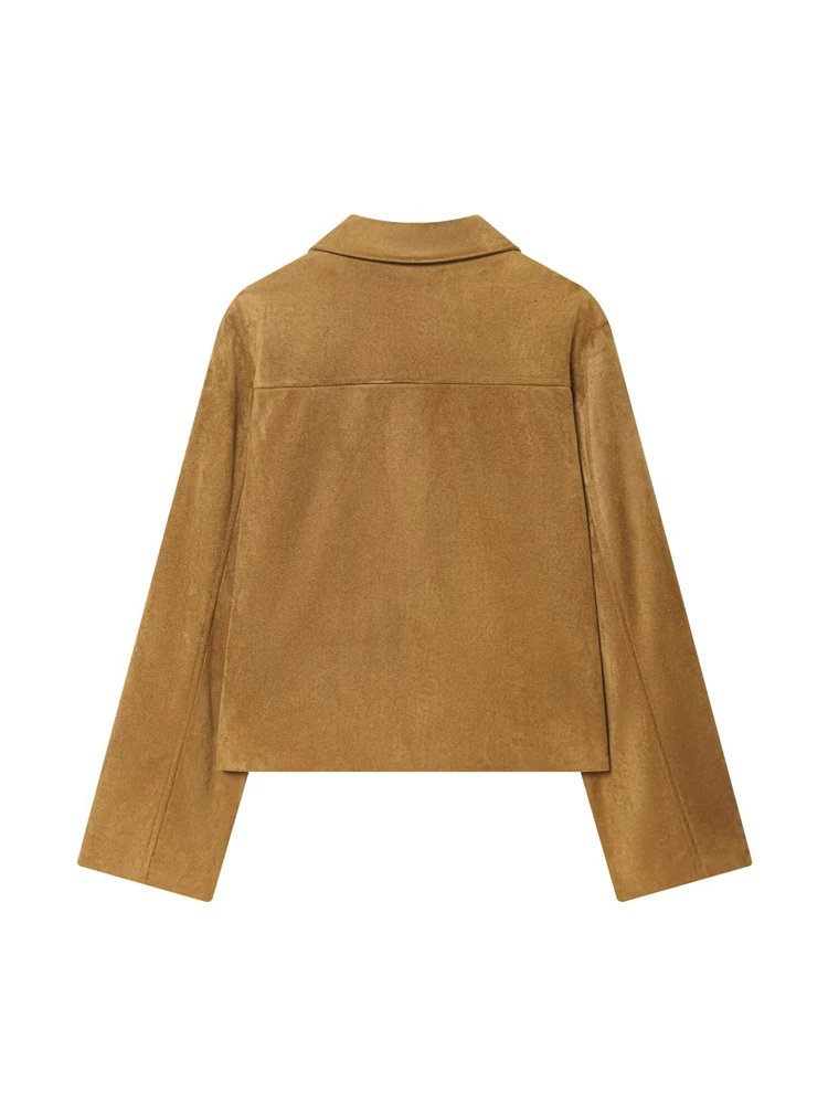 Damen Elastische Wildlederjacke mit Kordelzug in Braun, Modische Jacke mit Langen Ärmeln und Stehkragen, Locker Geschnittener Mantel für Frühling, Alltag und Streetwear 2026 – Detail 8