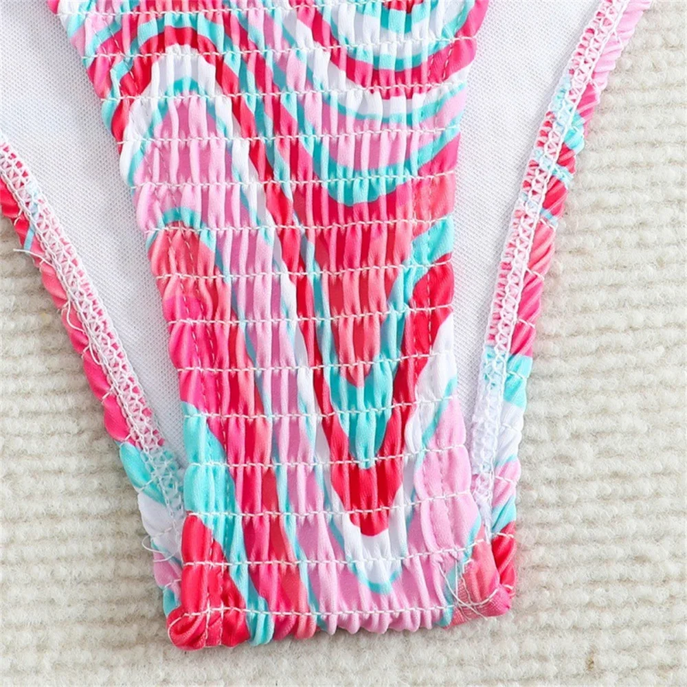 Wave Print Bikini Pleated String Backless Swimsuit Y2K Micro Bikinis Extrem Backless Vacation Swimwear Women Beach Set Bath Suit