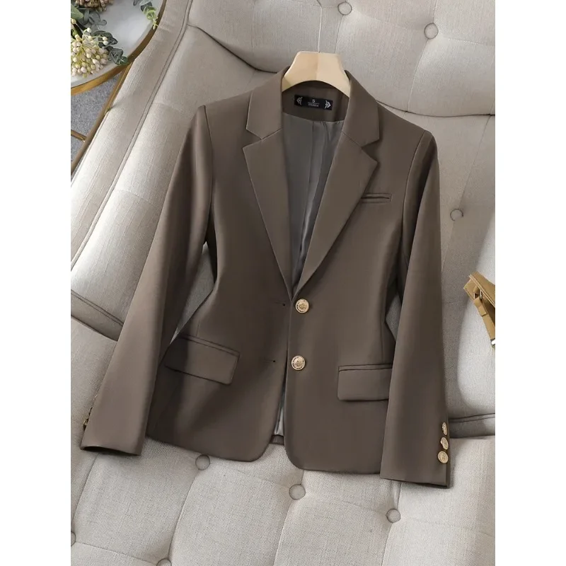 Blazer feminino para trabalho de escritório, jaqueta feminina, manga comprida, azul, damasco, café, casaco feminino justo, outono, inverno