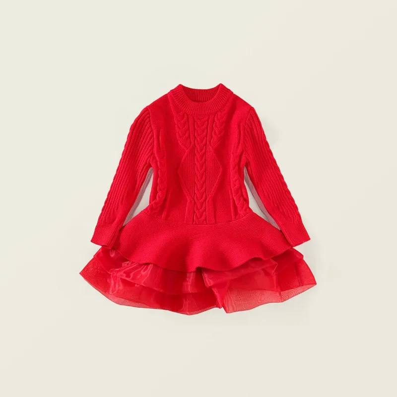 

HoneyCherry, новое осенне-зимнее трикотажное платье с длинными рукавами в европейском стиле для девочек, красная тюлевая дизайнерская одежда со вставками для девочек