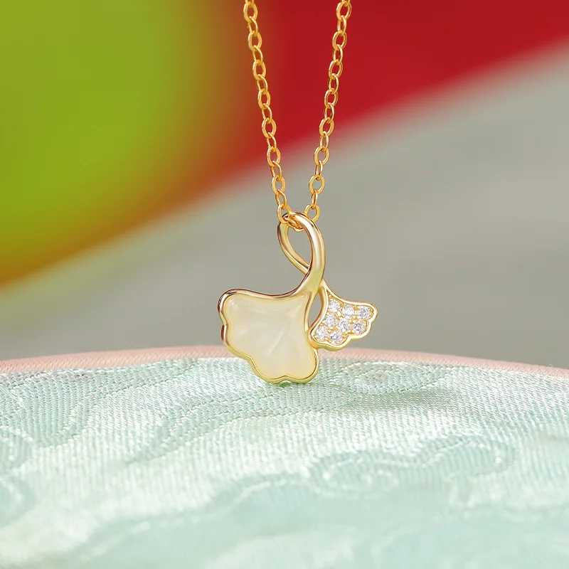Natural Hotan Jade S925 Sterling Silver Ginkgo Leaf Exquisite Clavicle Pendant Accessory