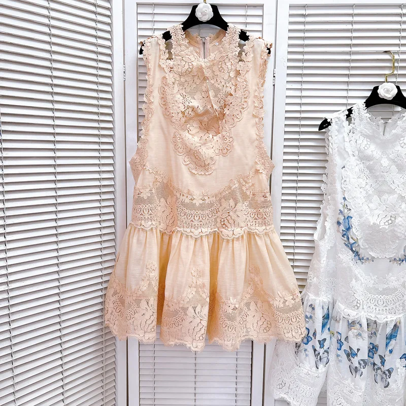 [zoci] Women Nanyou's Summer Socialite Style Sweet Beautiful Short Skirt, Lace Vest, Lining Design, Camisole, Ruffle Edge Dress