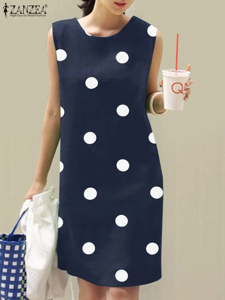 2024 ZANZEA Summer Polka Dots Dess Bohemain Beach Sundress Women Casual Sleeveless O Neck Vestidos Holiday Party Knee Length Robe