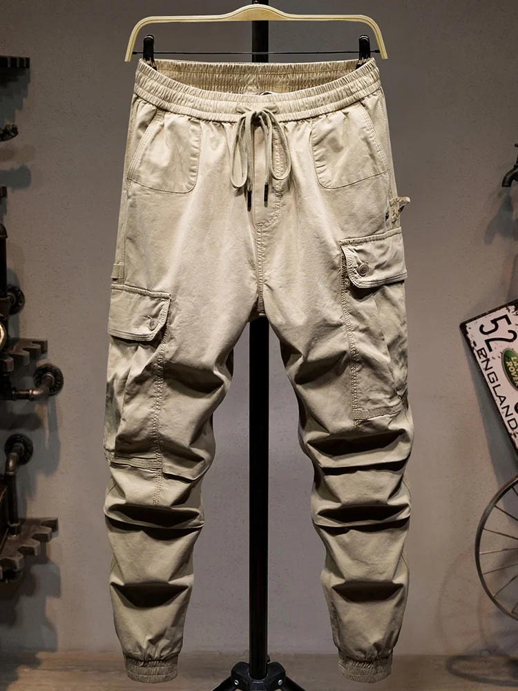 

Khaki Casual Pants Men's Loose Fashion Outdoor Workwear Trousers with Pockets Urban Style Comfortable Elastic Cotton Blend