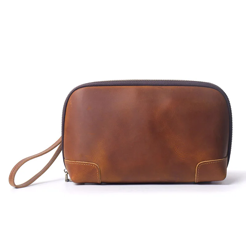 

Retro Crazy Horse Cowhide Men's Handbag Genuine Leather Data Cable Bluetooth Stationery Storage Bag Large Capacity Casual Fashio