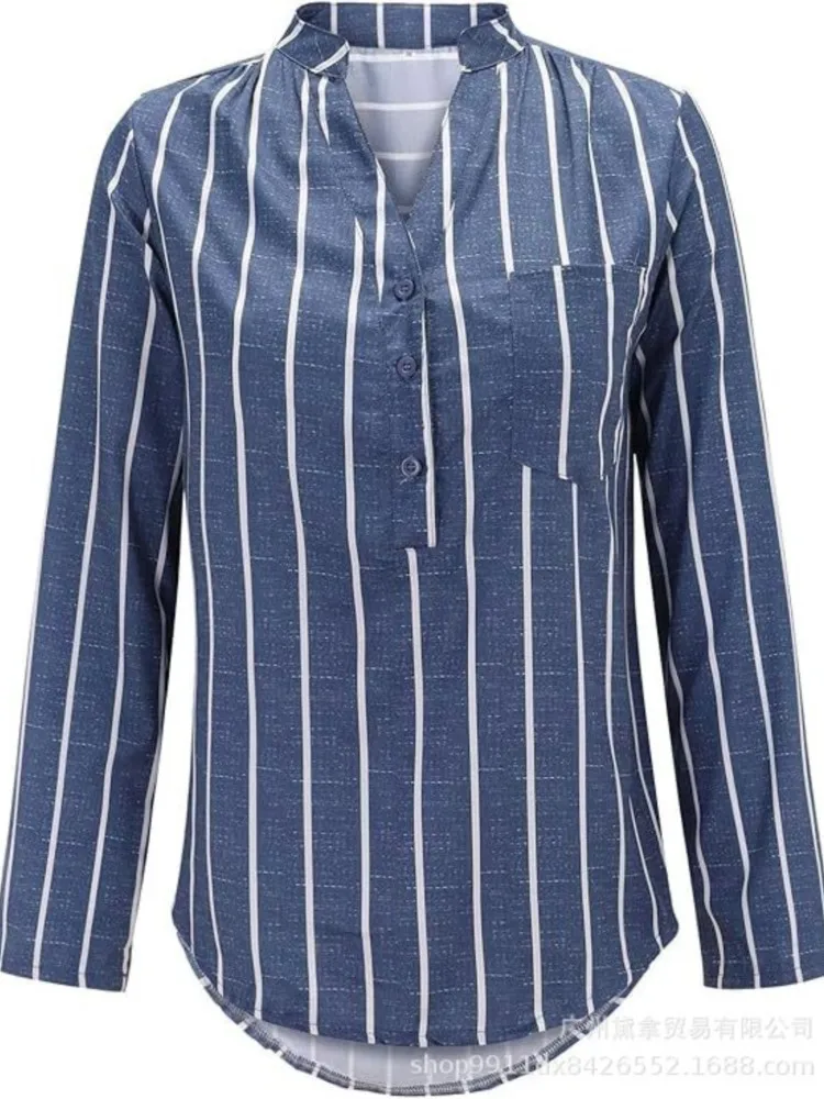 Новинка 2023 года, женская рубашка в полоску, полуоткрытый свободный топ с v-образным вырезом и длинными рукавами, летняя женская модная повседневная рубашка на пуговицах