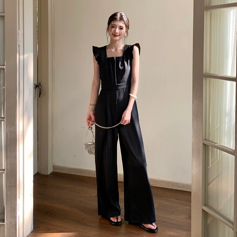 

Ele Bla Piece Pants for Women Summer High Waist Wide Leg Jumpsuit Commute Sle Zipper ket Details Long Pants