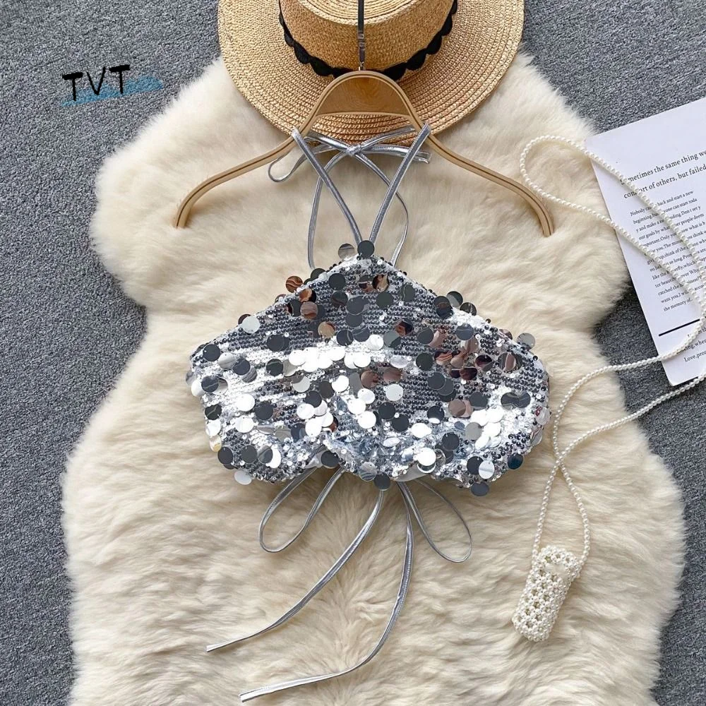 

Punk Short Glitter Tank Top Spicy Girl Style Beachwear Silver Sequin Camisole Ins Style Sleeveless Women's Lace-Up Vest Club